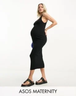 ASOS Maternity ASOS DESIGN Maternity - Vestito Midi Con Spalline Sottili Nero A Coste Con Scollo Rotondo