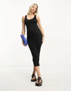 ASOS Maternity ASOS DESIGN Maternity - Vestito Midi Con Spalline Sottili Nero A Coste Con Scollo Rotondo -Vendite ASOS Maternity || RIVER ISLAND || Monki 204106360 4
