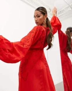 ASOS Edition - Vestito Midi Con Scollo Profondo E Stretto In Vita In Pizzo Sangallo Rosso Pomodoro -Vendite ASOS Maternity || RIVER ISLAND || Monki 204111155 4