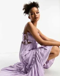 ASOS DESIGN - Vestito Midi In Raso Lilla Con Bustino Arricciato, Cut-out E Laccetti -Vendite ASOS Maternity || RIVER ISLAND || Monki 204117113 4