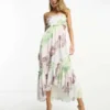 ASOS DESIGN - Vestito Midi Con Stampa A Fiori Arricciato Sul Busto, Con Lacci E Cut-out