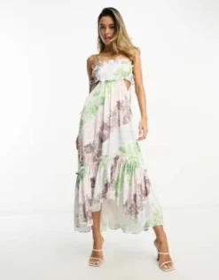 ASOS DESIGN - Vestito Midi Con Stampa A Fiori Arricciato Sul Busto, Con Lacci E Cut-out