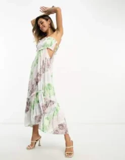 ASOS DESIGN - Vestito Midi Con Stampa A Fiori Arricciato Sul Busto, Con Lacci E Cut-out -Vendite ASOS Maternity || RIVER ISLAND || Monki 204117166 4