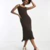 COLLUSION - Vestito Midi In Maglia Marrone Cioccolato Con Frange