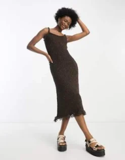 COLLUSION - Vestito Midi In Maglia Marrone Cioccolato Con Frange