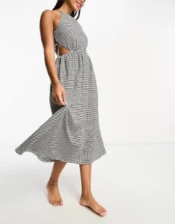 The Frolic - Rubellite - Vestito Estivo Allacciato Al Collo Con Gonna Al Polpaccio Nero E Bianco Testurizzato A Quadretti -Vendite ASOS Maternity || RIVER ISLAND || Monki 204125144 4