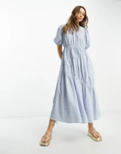 ASOS DESIGN - Vestito Midi A Balze Raccolto In Vita Blu A Quadri Stile Picnic