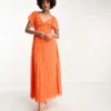 ASOS DESIGN Tall - Vestito Midi Color Corallo Acceso Plumetis Allacciato Sul Davanti Con Maniche A Pipistrello