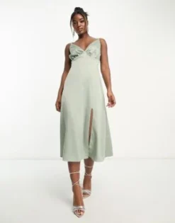 Maya - Vestito Midi Da Damigella In Raso Verde Salvia Con Spacco