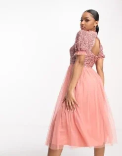 Maya - Vestito Midi Da Damigella Rosa Terracotta Con Paillettes Delicate E Maniche A Sbuffo -Vendite ASOS Maternity || RIVER ISLAND || Monki 204150119 3