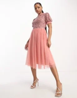 Maya - Vestito Midi Da Damigella Rosa Terracotta Con Paillettes Delicate E Maniche A Sbuffo -Vendite ASOS Maternity || RIVER ISLAND || Monki 204150119 4