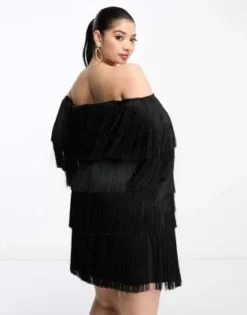 ASOS LUXE Curve - Vestito Corto Nero Con Frange E Scollo Alla Bardot -Vendite ASOS Maternity || RIVER ISLAND || Monki 204152722 2