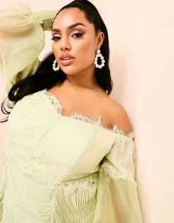 ASOS LUXE Curve - Vestito Corto Arricciato In Pizzo Verde Con Maniche A Sbuffo Trasparenti E Scollo Bardot -Vendite ASOS Maternity || RIVER ISLAND || Monki 204152769 4