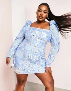 ASOS LUXE Curve - Vestito Midi Decorato Bianco E Blu A Fiori Con Maniche A Sbuffo