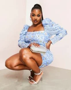 ASOS LUXE Curve - Vestito Midi Decorato Bianco E Blu A Fiori Con Maniche A Sbuffo -Vendite ASOS Maternity || RIVER ISLAND || Monki 204154704 4