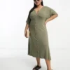 ASOS DESIGN Curve - Vestito Da Giorno Midi Kaki Con Bottoni E Maniche Con Volant