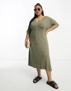 ASOS DESIGN Curve - Vestito Da Giorno Midi Kaki Con Bottoni E Maniche Con Volant