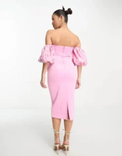 ASOS DESIGN Petite - Vestito Midi Rosa Decorato Con Paillettes A Fiori Con Maniche A Sbuffo E Scollo Alla Bardot -Vendite ASOS Maternity || RIVER ISLAND || Monki 204161772 3