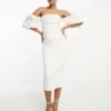 ASOS DESIGN Tall - Vestito Midi Bianco Decorato Con Paillettes A Fiori Con Maniche A Sbuffo E Scollo Alla Bardot