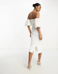 ASOS DESIGN Tall - Vestito Midi Bianco Decorato Con Paillettes A Fiori Con Maniche A Sbuffo E Scollo Alla Bardot -Vendite ASOS Maternity || RIVER ISLAND || Monki 204161792 2