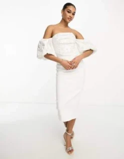 ASOS DESIGN Tall - Vestito Midi Bianco Decorato Con Paillettes A Fiori Con Maniche A Sbuffo E Scollo Alla Bardot -Vendite ASOS Maternity || RIVER ISLAND || Monki 204161792 3