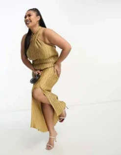 Esclusiva ASOS DESIGN Curve - Vestito Midi In Raso Plissé Oro Allacciato Al Collo -Vendite ASOS Maternity || RIVER ISLAND || Monki 204162047 4