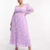 ASOS DESIGN Curve - Vestito Midi A Pieghe Con Scollo A Cuore Lilla Dévoré