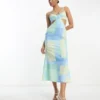 ASOS DESIGN - Vestito Midi Con Cut-out E Fascette Color Acqua Slavato Con Stampa Geometrica