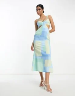 ASOS DESIGN - Vestito Midi Con Cut-out E Fascette Color Acqua Slavato Con Stampa Geometrica