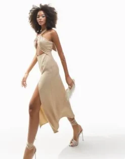 ASOS DESIGN - Vestito Midi Monospalla Allacciato Al Collo Con Cut-out Color Pietra Slavato