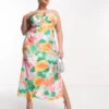 ASOS DESIGN Curve - Vestito Midi In Raso Arancione A Fiori Effetto Acquerello Con Dettaglio Stile Corsetto