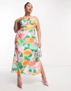 ASOS DESIGN Curve - Vestito Midi In Raso Arancione A Fiori Effetto Acquerello Con Dettaglio Stile Corsetto