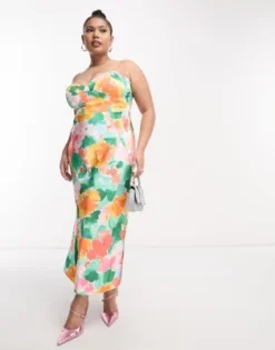 ASOS DESIGN Curve - Vestito Midi In Raso Arancione A Fiori Effetto Acquerello Con Dettaglio Stile Corsetto -Vendite ASOS Maternity || RIVER ISLAND || Monki 204164593 4