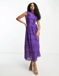 ASOS DESIGN - Vestito Midi In Pizzo Viola Con Fiocco Sul Retro