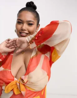 Esclusiva ASOS DESIGN Curve - Vestito Lungo Con Scollo Profondo Arancione Con Stampa Astratta E Laccetti Sul Davanti -Vendite ASOS Maternity || RIVER ISLAND || Monki 204165568 2