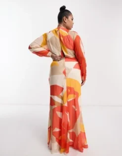 Esclusiva ASOS DESIGN Curve - Vestito Lungo Con Scollo Profondo Arancione Con Stampa Astratta E Laccetti Sul Davanti -Vendite ASOS Maternity || RIVER ISLAND || Monki 204165568 3