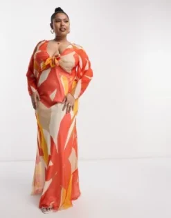 Esclusiva ASOS DESIGN Curve - Vestito Lungo Con Scollo Profondo Arancione Con Stampa Astratta E Laccetti Sul Davanti -Vendite ASOS Maternity || RIVER ISLAND || Monki 204165568 4
