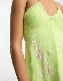 ASOS DESIGN Tall - Vestito Corto Allacciato Al Collo Con Busto Arricciato In Chiffon Ricamato Verde Lime -Vendite ASOS Maternity || RIVER ISLAND || Monki 204175066 4