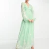 ASOS DESIGN Tall - Vestito Lungo Con Scollo A V Aperto Dietro Verde Con Finiture In Pizzo E Ricamo