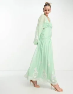 ASOS DESIGN Tall - Vestito Lungo Con Scollo A V Aperto Dietro Verde Con Finiture In Pizzo E Ricamo -Vendite ASOS Maternity || RIVER ISLAND || Monki 204175283 4