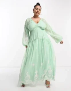 ASOS DESIGN Curve - Vestito Lungo Ricamato Verde Con Finiture, Scollo A V E Schiena Scoperta -Vendite ASOS Maternity || RIVER ISLAND || Monki 204175335 4
