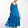 ASOS DESIGN - Vestito Midi A Pieghe Con Spalline Sottili Blu Con Volant