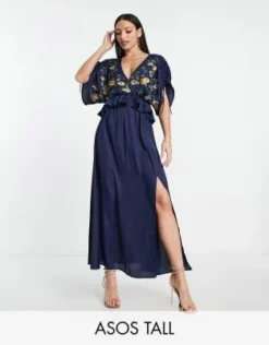 ASOS DESIGN Tall - Vestito Midi In Raso Blu Navy Ricamato Con Volant In Vita