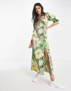 ASOS DESIGN - Vestito Da Giorno Midi In Raso A Fiori Con Allacciatura Sul Davanti E Polsini Arricciati