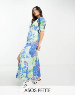 ASOS DESIGN Petite - Vestito Da Giorno Midi In Raso A Fiori Con Allacciatura Sul Davanti E Polsini Arricciati