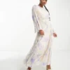 ASOS DESIGN Petite - Vestito Midi A Maniche Lunghe In Chiffon Con Volant Sui Polsini E Stampa A Fiori