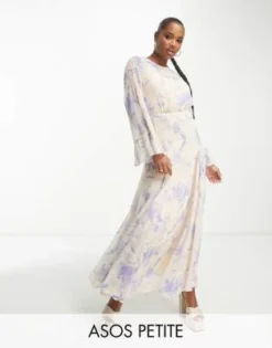 ASOS DESIGN Petite - Vestito Midi A Maniche Lunghe In Chiffon Con Volant Sui Polsini E Stampa A Fiori