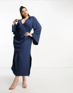 ASOS DESIGN Curve - Vestito Midi A Portafoglio Blu Raccolto In Vita Con Maniche A Campana E Colletto