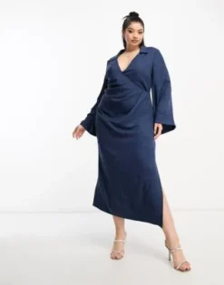 ASOS DESIGN Curve - Vestito Midi A Portafoglio Blu Raccolto In Vita Con Maniche A Campana E Colletto -Vendite ASOS Maternity || RIVER ISLAND || Monki 204176370 3