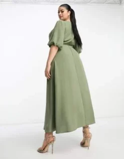 ASOS DESIGN Curve - Vestito Midi Kaki Allacciato In Vita Con Maniche A Sbuffo -Vendite ASOS Maternity || RIVER ISLAND || Monki 204176400 2